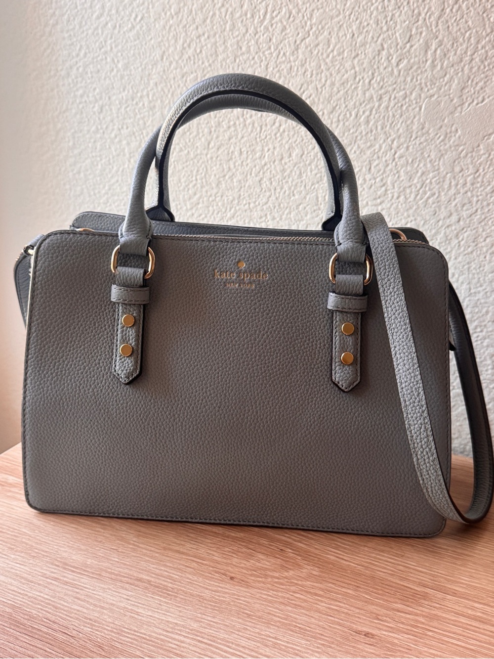 kate spade Gray Pebbled Leather Satchel with Gold Hardware